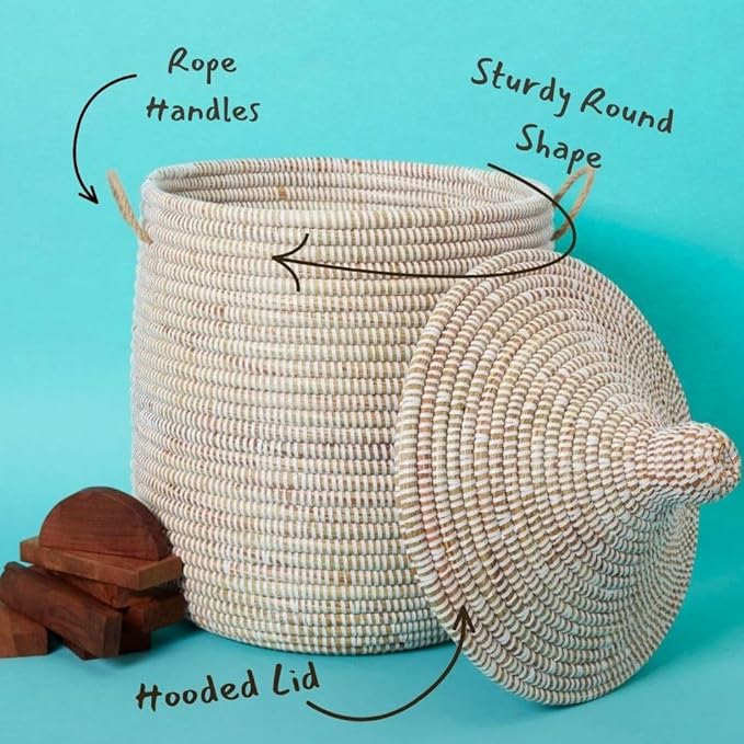 Wicker Basket Set, White, Hand Woven, Hooded Lid, Handles, 3pcs