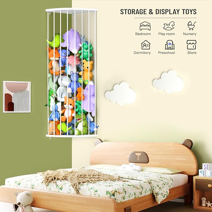 Sleek White Corner Stuffed Animal Storage Shelf | Adjustable Height (44"-71") | Durable Hanging Stuffed Animal Toy Plush Organizer for Modern Nursery, Kids' Bedroom & Playroom