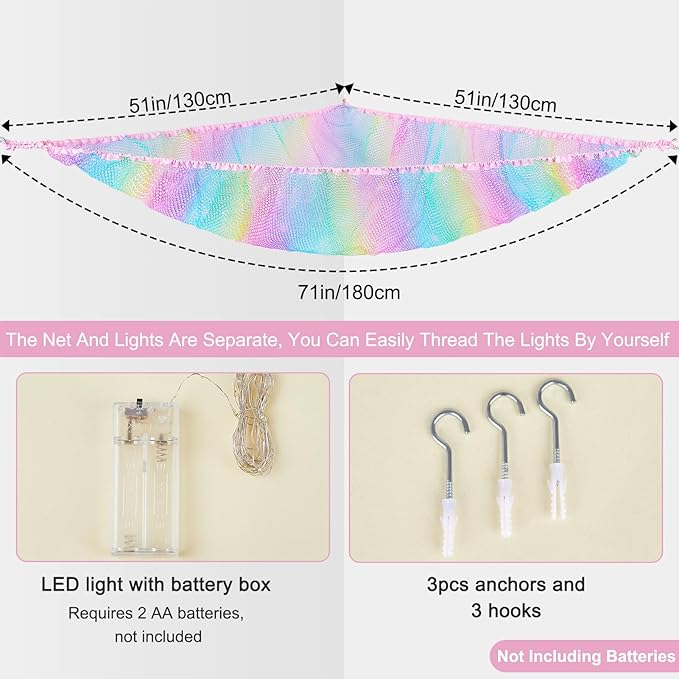 Unicorn Castle Stuffed Animals Net or Hammock Kids Toy Storage Organizer with LED Light Hanging Corner Stuffed Animals Holder Kids Girls Room Decor,Rainbow-A,Large (Pack of 1)