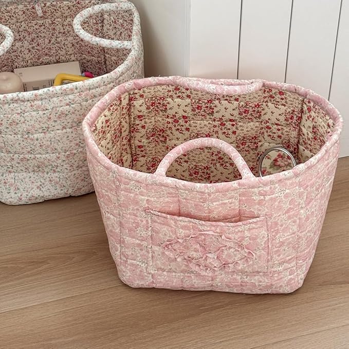 JQWYGB Foldable Laundry Basket Boho Bear Storage Basket Floral Quilted Fabric Car Storage Basket Handles Large Laundry Baskets for Clothes and Dolls