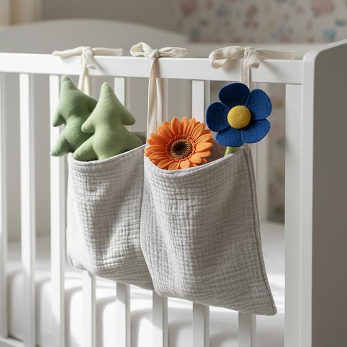 Cotton Baby Hanging Bedside Storage Bag Organizer with 2 Pockets, Baby Crib Accessories for Cribs, Toys, Diapers (Light Gray)