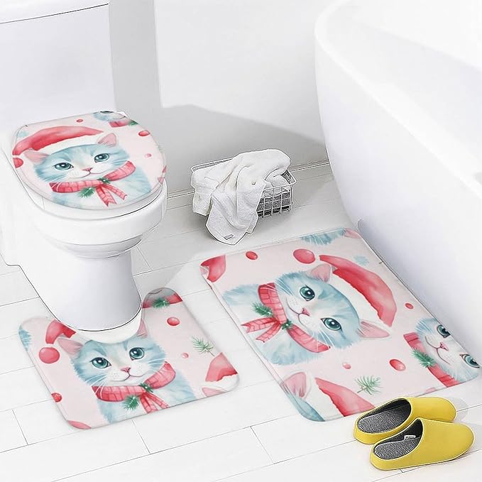 4 Piece Decor Shower Curtains Sets with Rugs Toilet Lid Cover And Bath Mat Christmas Cat Waterproof Shower Curtain Cat Lady Pet Lover for Bathroom Decor Set Merry Christmas Shower Curtain Set