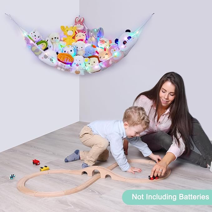 Unicorn Castle Stuffed Animals Net or Hammock Kids Toy Storage Organizer with LED Light Hanging Corner Stuffed Animals Holder Kids Girls Room Decor,White,Large (Pack of 1)