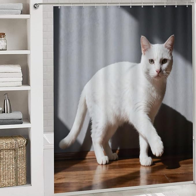 4 Piece Bathroom Rug Set with Shower Curtain, Non-Slip Bath Mat Toilet Cover Set, Close White Cat Bathroom Rug Sets