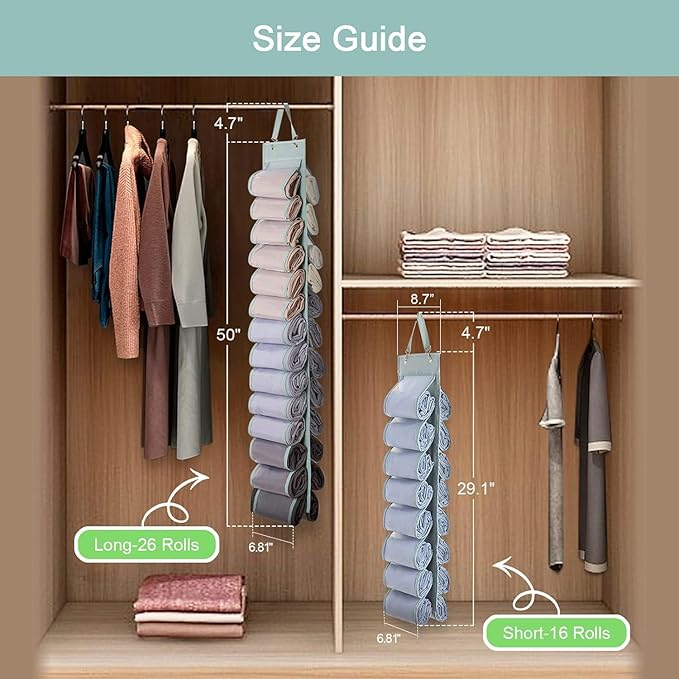 Legging Organizer Storage - 2PCS T Shirt Organizer, Hanging Closet Organizers and Storage with 16 Roll Independent Compartments for Yoga Pants, Towel, Bathing Suit (Grey)