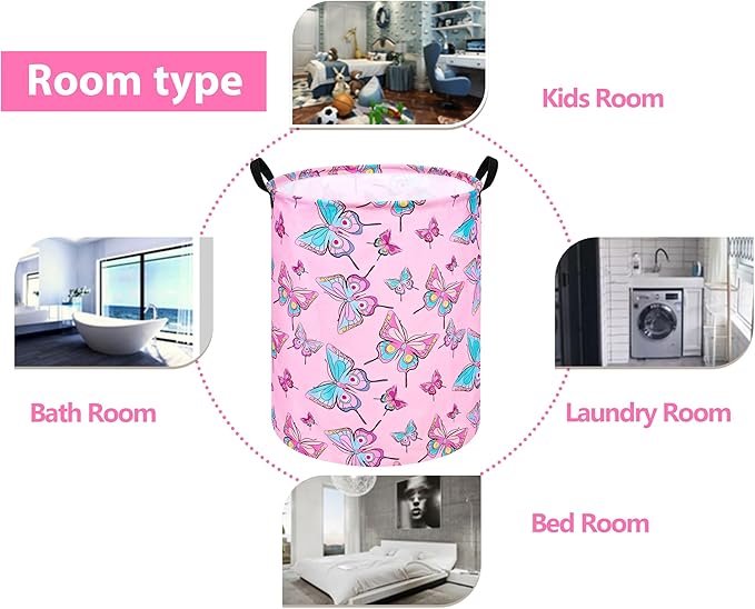 19.7 Inch Round Laundry Hamper Cute Butterfly Pattern Laundry Basket Fabric Storage Hamper Organization Bin, Toy Box,Gift Basket with Handles for Room