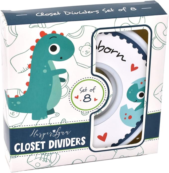HarperLynn Baby Closet Dividers - Set of 8 Dinosaur Nursery Clothes Organizers - Size Newborn Infant to 2T. Great Gifts Accessories for First Time Parents of Boy or Girl. Fits 1.25 Inch Rod.