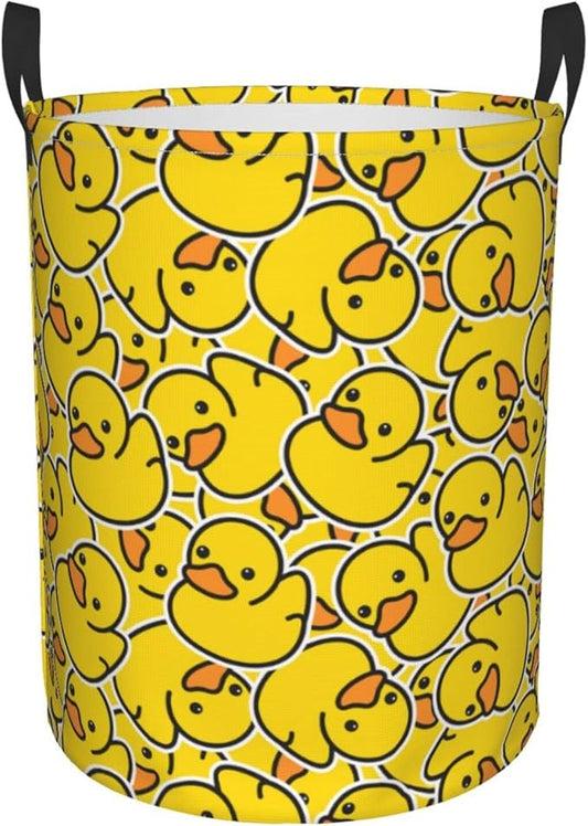 38L Round Laundry Hamper Cute Rubber Ducky Storage Basket Waterproof Coating Yellow Cartoon Ducks Organizer Bin For Nursery Clothes Toys