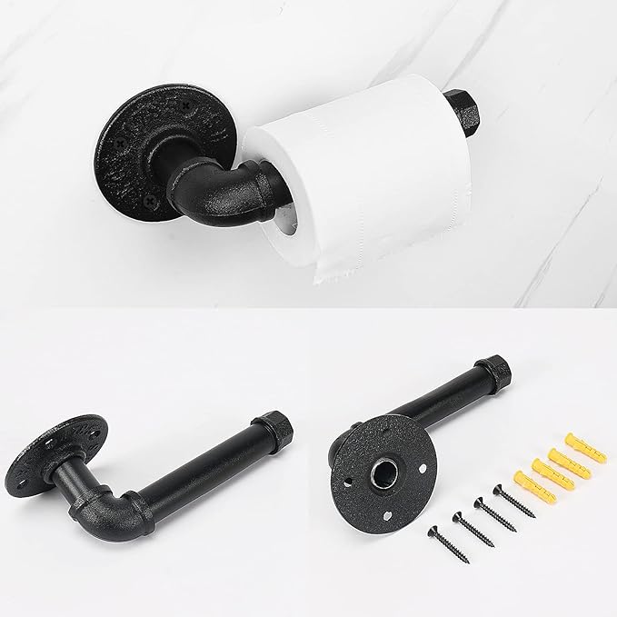 4-Pieces Industrial Pipe Bathroom Towel Ring Kit DIY Wall Mount Accessories Kit Includes Robe Hook Towel Bar and Towel Ring (18 inch)