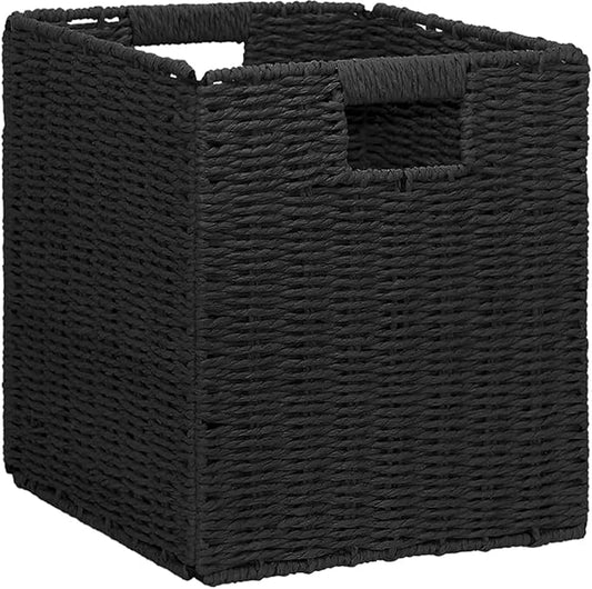 10.5x10.5in Storage Baskets Set Water Hyacinth Baskets,Foldable Handwoven Storage Cubes,Wicker Cube Baskets Laundry Organizer Totes for Bathroom, Bedroom, Laundry, Pantry, Shelves (1, Black)