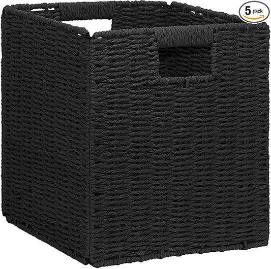 10.5x10.5in Storage Baskets Set Water Hyacinth Baskets,Foldable Handwoven Storage Cubes,Wicker Cube Baskets Laundry Organizer Totes for Bathroom, Bedroom, Laundry, Pantry, Shelves (5, Black)
