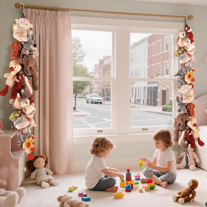 80" Cotton Hanging Storage Chain For Stuffed Animals Storage with 40 Metal Clips, Stuffed Animal Organizer Chain for Wall Corner Nursery Play Room, Grey