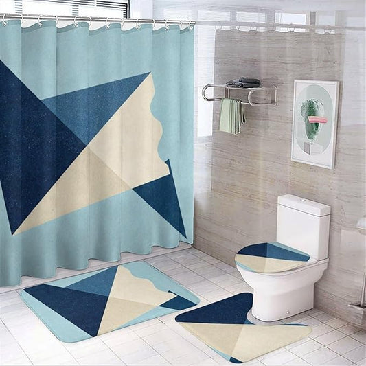 4 Piece Bathroom Rug Set with Shower Curtain, Non-Slip Bath Mat Toilet Cover Set, Geometry Bathroom Rug Sets