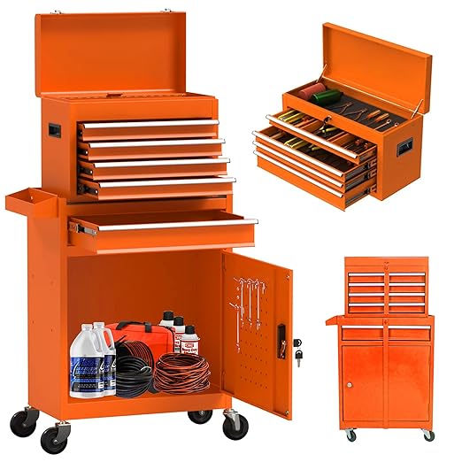 Tool Cabinet, Tool Chest with Wheels, Garage Tool Box, 5 Drawer Rolling Tool Chest and 2 Lockers, Detachable Storage Cabinet, for Garage Warehouse Workshop, Yellow