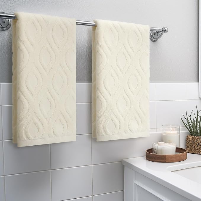 2 Pcs Quality Geometric Jacquard Hand Towels Set for Bathroom Cream White Hand Towels 100% Cotton Absorbent Decorative Weave Bath Decor Neutral Bathroom Decor Gift, 13.7 x 29.5 Inch