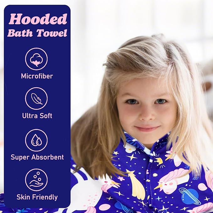 Hooded Towels for Kids Unicorn 60" x 35" Toddler Bath Beach Towel Poncho with Hood Super Soft and Absorbent 100% Microfiber for Girls Ages 5-12