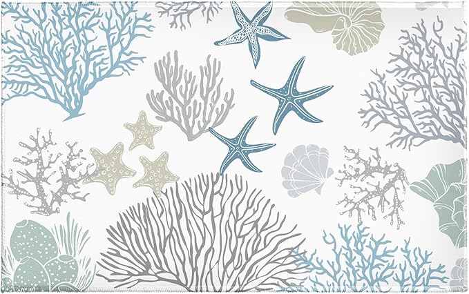 32x20in Coastal Bathroom Rug- Summer Ocean Coral Starfish Seashell Bath Mats- Blue Sea Nautical Non-Slip Seasonal Soft Velvet Bath Rugs for Shower Room Bathtub Sink Bedside Decor