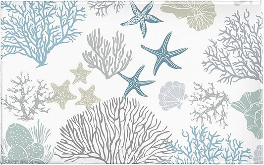 32x20in Coastal Bathroom Rug- Summer Ocean Coral Starfish Seashell Bath Mats- Blue Sea Nautical Non-Slip Seasonal Soft Velvet Bath Rugs for Shower Room Bathtub Sink Bedside Decor