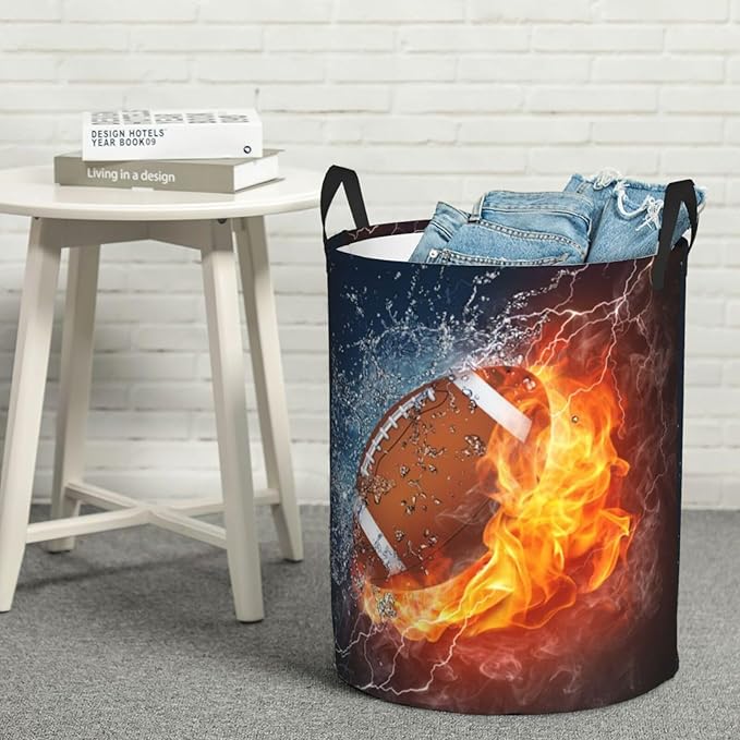 American Football Ball In Fire And Water Round Laundry Hamper Sport Rugby Storage Basket Toys Clothes Organizer Bin For Home Bathroom Bedroom Dorm Nursery, 38l