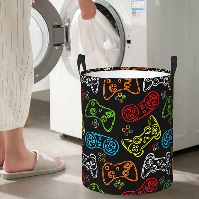 Game Joysticks Colorful Silhouettes Round Laundry Hamper Gaming Theme Storage Basket Toys Clothes Organizer Bin For Home Bathroom Bedroom Dorm Nursery, 62l