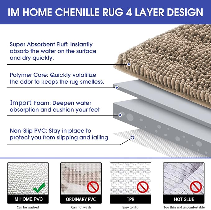 ACCUMTEK Extra Long Striped Dark Beige Bathroom Rug Mat 70"x24" Ultra Soft, Non Slip Chenille Bath Rugs, Absorbent Plush Shaggy Bath Mats for Bathroom, Bedroom, Kitchen, Shower, Tub,Taupe