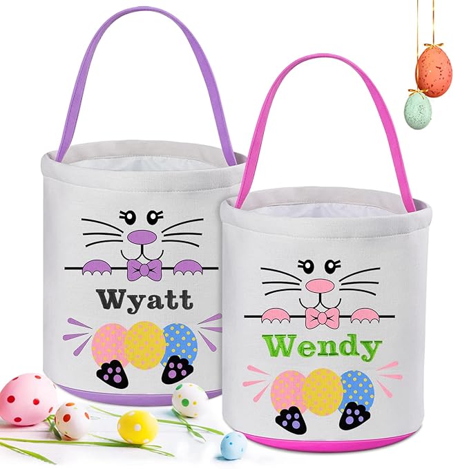 Personalized Easter Basket for Kids, 2 Pack VAPCUFF Easter Baskets for Boys Girls Easter Bunny Basket Easter Basket Bags Easter Gifts Baskets for Kids Easter Empty Basket Easter Egg Hunt Basket
