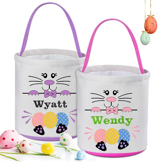 Personalized Easter Basket for Kids, 2 Pack VAPCUFF Easter Baskets for Boys Girls Easter Bunny Basket Easter Basket Bags Easter Gifts Baskets for Kids Easter Empty Basket Easter Egg Hunt Basket