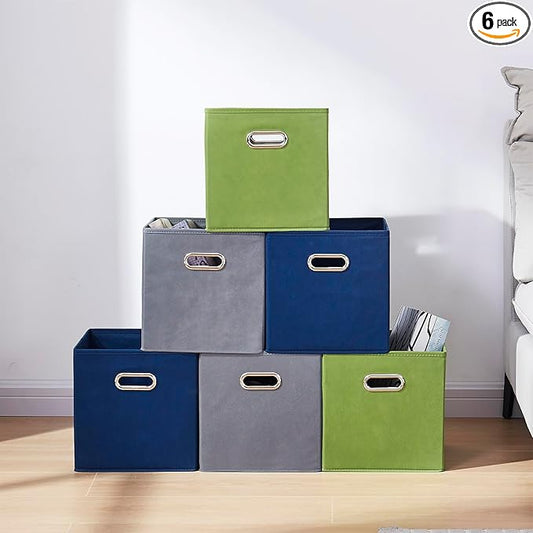 11 Inch Fabric Collapsible Storage Cubes,6 Pack Colored Closet Storage Bins with Metal Handles Foldable Cube Baskets for Organizing Clothes, Toys, Books（Green, Gray, Dark Blue）