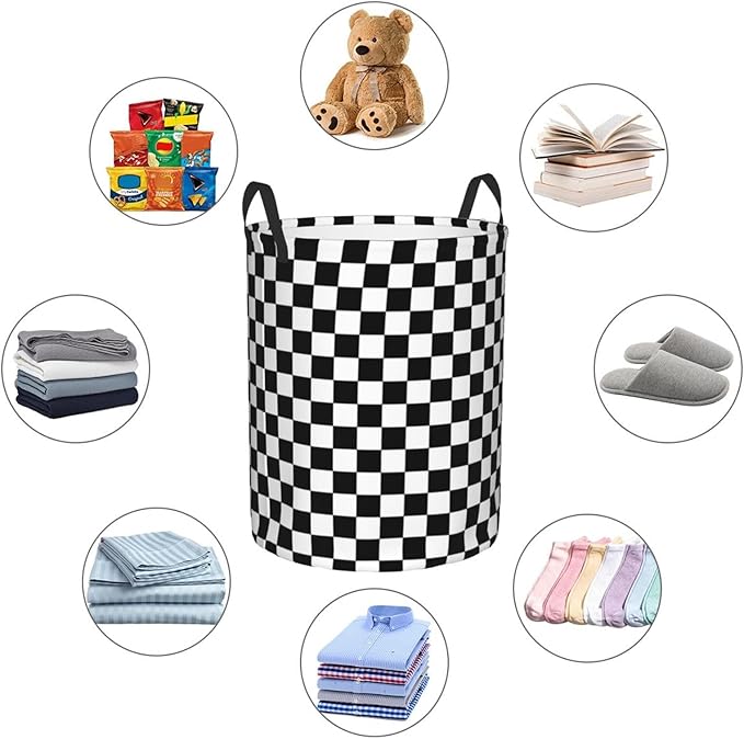 Laundry Basket Black White Checkered Decor,Waterproof Laundry Hamper Race Car Room decor Collapsible Laundry Baskets With Handles,Toy/Clothes Storage Basket For Home Bedroom Bathroom Decor