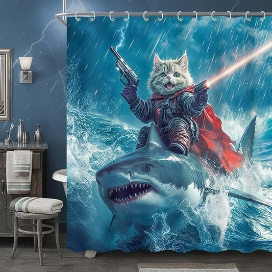 70x75 Inch Funny Cat Riding Shark Waterproof Shower Curtain - Blue Ocean Bathroom Decor with Hooks, Humor Polyester Bathtub Curtain for Kids Teens Adults