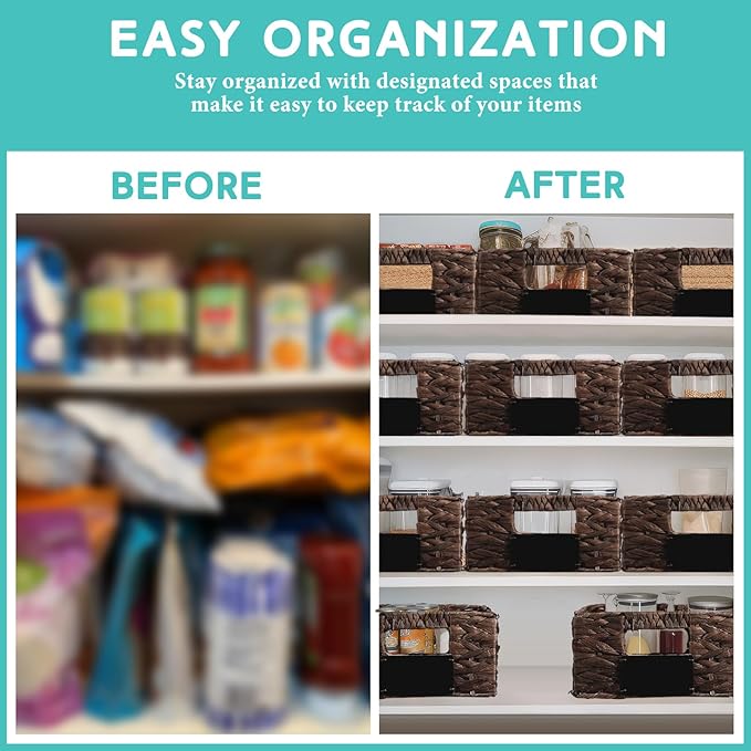 Nitial 8 Pcs 12 x 9 x 5 Inch Wicker Storage Basket, Rectangular Water Hyacinth Storage Baskets for Shelving, Foldable Woven Pantry Organizer with Chalkboard Label and Chalk Marker (Dark Brown)