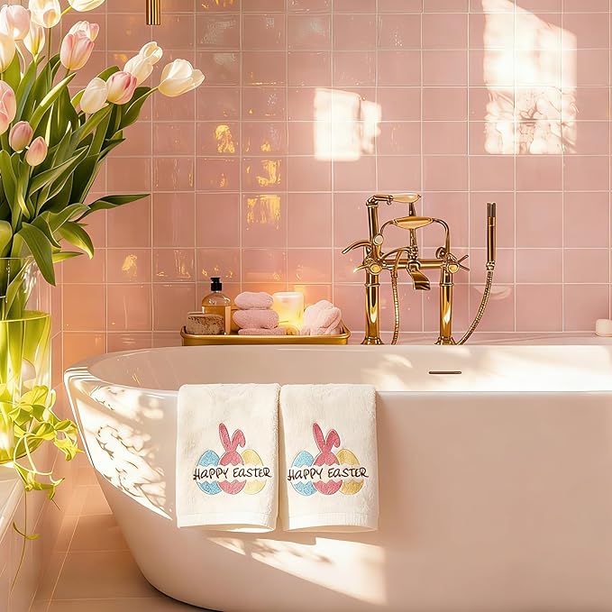 2 Pcs Easter Hand Towels for Bathroom Eggs Easter Bath Towels Beige 100% Cotton Jacquard Embroidered Decorative Gift Set Kitchen Decor Home Accessories