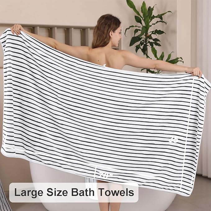 4 Pcs Black White Cabana Stripe Large Bath Towels 35"x70" Oversized Bath Sheet Soft Breathable Jumbo Bathroom Towels Highly Absorbent Shower Towels Quick Dry Beach Chair Towel Spa Gym Hotel Towel Set