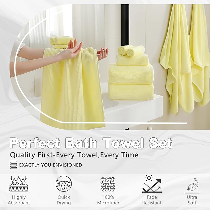 8-Piece Premium Towel Set for Bathroom|2 Oversized Large Bath Sheet,2 Hand Towels,4 Washcloths|Soft Cozy Highly Absorbent Fast Dry Microfiber Shower Towel Set for Hotel Bathroom Essentials,Yellow