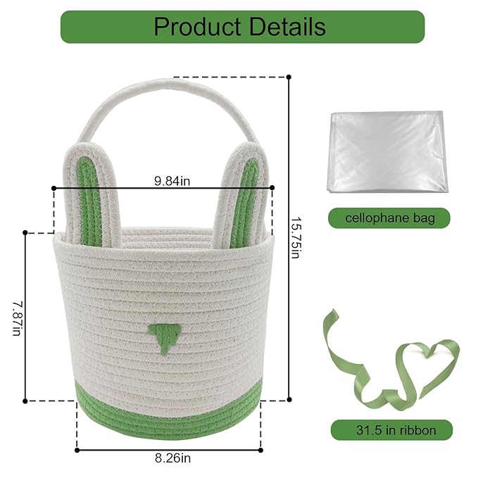 2 Pack Large Woven Easter Baskets for Kids - Boy & Girl Options, Empty Basket with Gift Bags and Ribbons Cute Easter Decorations Bunny Ears Designs (Pink+Green)