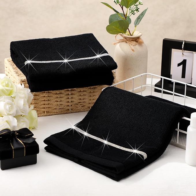 2 Pcs Black Sparkling Hand Towels with Rhinestones for Bathroom 100% Cotton Glitter Soft Elegant Hand Bath Towels Absorbent Machine Washable for Spa Yoga Hotel Sport, 29.5" x 13.8"