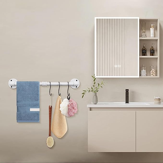 4-Pieces Industrial Pipe Bathroom Towel Ring Kit DIY Wall Mount Accessories Kit Includes Robe Hook Towel Bar and Towel Ring (White 16 inch)