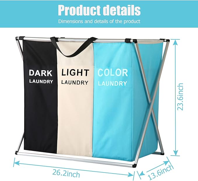 Laundry Cloth Hamper Sorter Basket Bin Foldable 3 Sections with Aluminum Frame 26InIn×24InInH Washing Storage Dirty Clothes Bag (3 Liner, Black + white + sky blue)