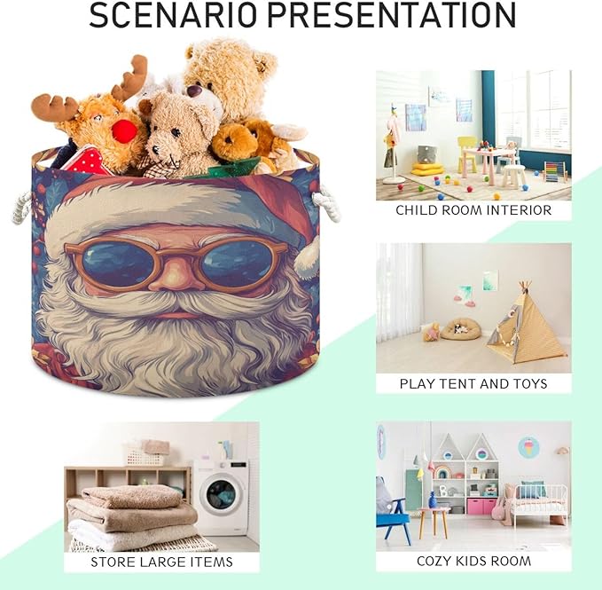 Blanket Storage Basket for Living Room - Hippie Santa Claus Large 20"x20"x14" Cotton Rope Handles Laundry Basket, Foldable for Toy Storage, Blanket Basket