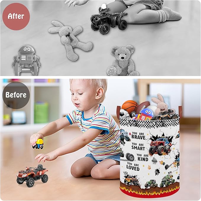 Monster Trucks Laundry Hamper Basket Kid Gift Toy Bin Empty Car Nursery Decor Hamper,Storage Basket Collapsible Clothes Book Organizer Bin for Boy,Valentine's Day Gift (Monster Trucks-Fire)