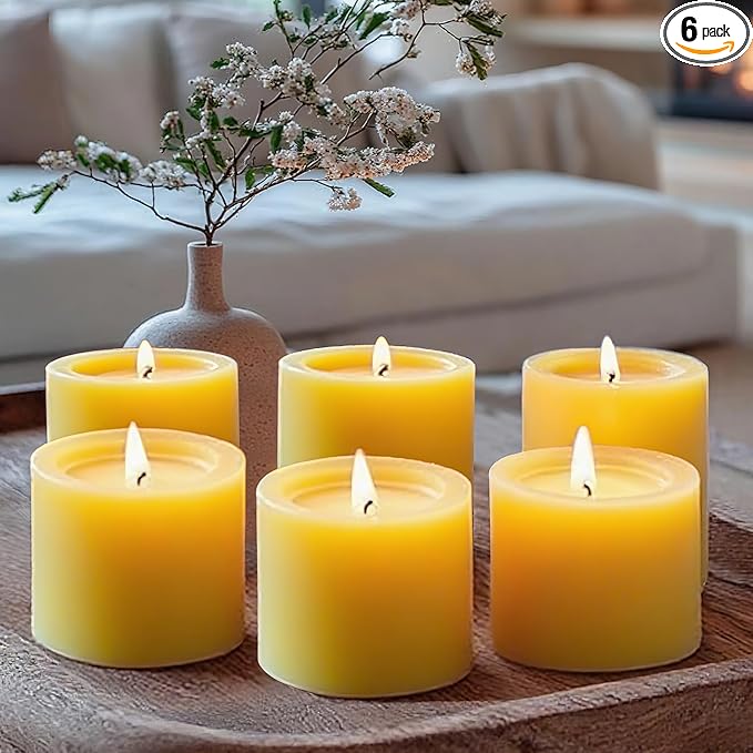 6pcs Beeswax Candle for Home, 2x2 Inches Beeswax Pillar Candles 96-Hour Long Burn Time, 100% Natural Pure Bees Wax Candle for Holidays Decor Spa Relaxation (2x2in)