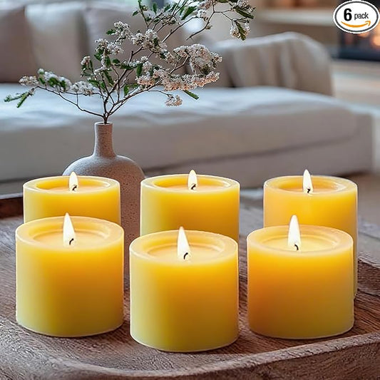6pcs Beeswax Candle for Home, 2x2 Inches Beeswax Pillar Candles 96-Hour Long Burn Time, 100% Natural Pure Bees Wax Candle for Holidays Decor Spa Relaxation (2x2in)