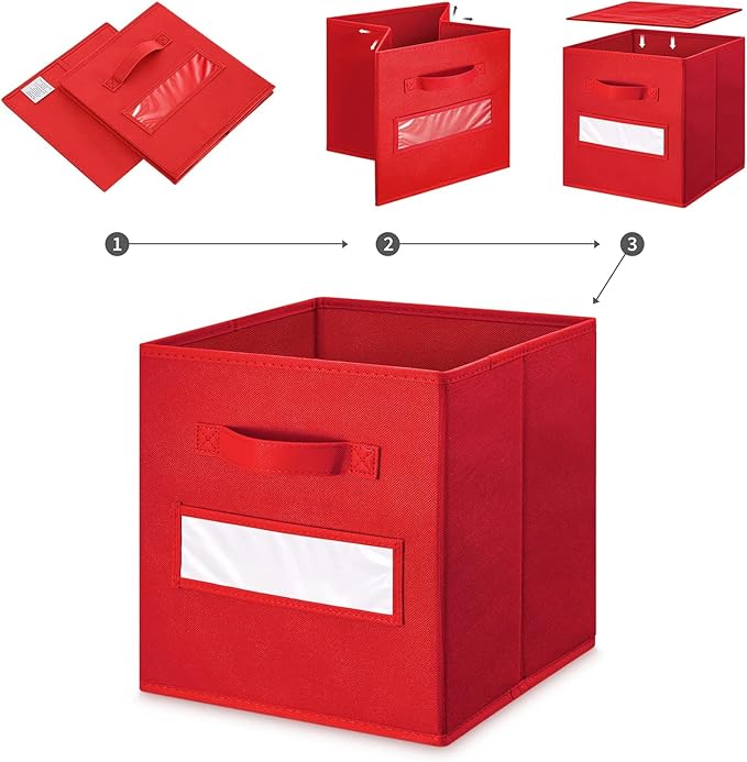 artsdi 13x13x13 storage cube bins(Set of 8) Fabric storage cubes with 8 Labels Window Cards & a Pen, storage cubes 13x13, Collapsible 13 inch cube storage bins, Cubby Organizer Boxes, Red