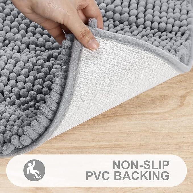 Grandaily Chenille Striped Bathroom Rugs 47x20, Extra Thick and Absorbent Bath Mats, Non-Slip Soft Plush Shaggy Shower Carpet, Machine Wash Dry, Bath Rug for Bathroom, Light Grey