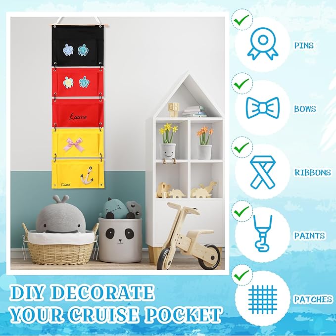 Fish Extender Cruise Hanging 5 Pockets with 4 Pcs Iron on Sea Turtle Patches and 4 Cruise Door Magnets Cabin Storage Bag 2026 Fe for Exchange Gift Pixie Dusting