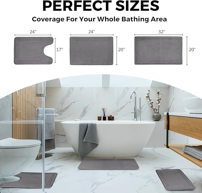 Grey Bathroom Rug Set of 2 Memory Foam Bath Mat and U-Shaped Contour Toilet Rug Non Slip Washable Floor Mats Soft Absorbent Plush Microfiber Shower Tub Bathmat Gray,24"x17"+24"x20"