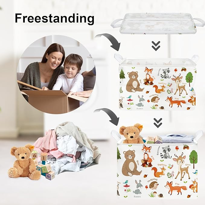 Clastyle Collapsible Words Animals Kid Book Toy Storage Basket Bear Raccoon Clothes Nursery Hamper for Bedroom Bathroom, Grey Rabbit 36L