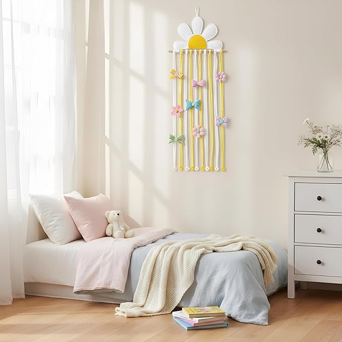 Long Bow Holder for Girls Baby White Daisy Hair Bows Clip Organizer 31.5 Inch Baby Hair Accessories Storage Display Hanging Decor for Girls Nursery Room Bedroom Living Room