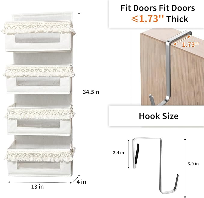 Aokeyee 4 Tier Over The Door Organizer Storage Nursery, Boho Door Organizer Hanging with Tassels and Clear Window, 55lb Behind The Door Storage for Baby Nursery, Bedroom, Bathroom, Laundry, Pantry