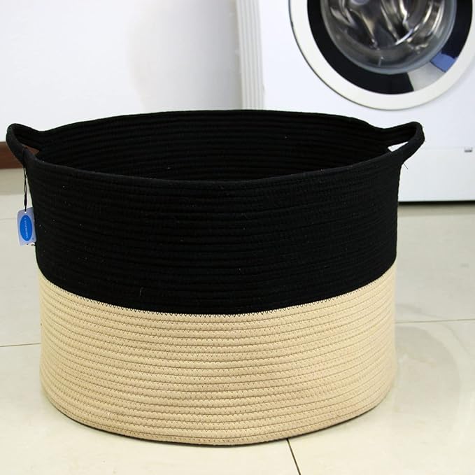 Casaphoria XXL Cotton Rope Woven Laundry Basket with Handle - Blanket, Comforter, Cushions Storage Bin - 21.7" x 21.7" x 13.8", Black and Brown